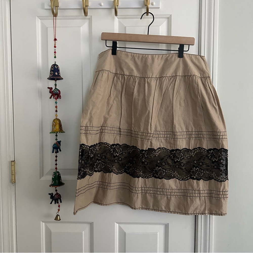 Axcess Tan A-Line Knee-Length Skirt with Black Lace Embellishments, 14